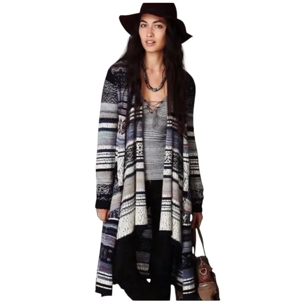Free People Yesterdays Smile Aztec Striped Duster Boho Long Cardigan Sweater M - Picture 2 of 7